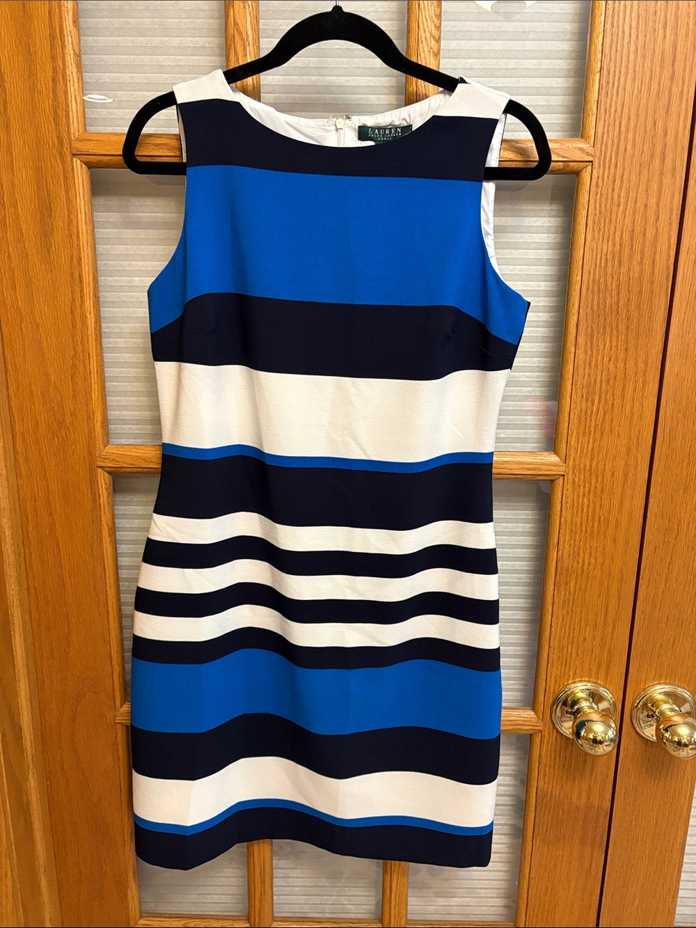 EUC Lauren Ralph Lauren Blue, Navy & White Striped Sleeveless Sheath Dress